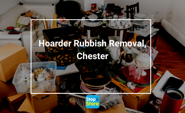 Hoarded items stock piled in a kitchen for removal and donation